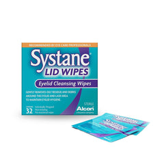 Systane Lid Wipes 32-count packaging shows convenient sterile eyelid cleansing.