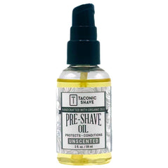 Taconic Shave pre-shave oil bottle close-up showing unscented protection for sensitive skin