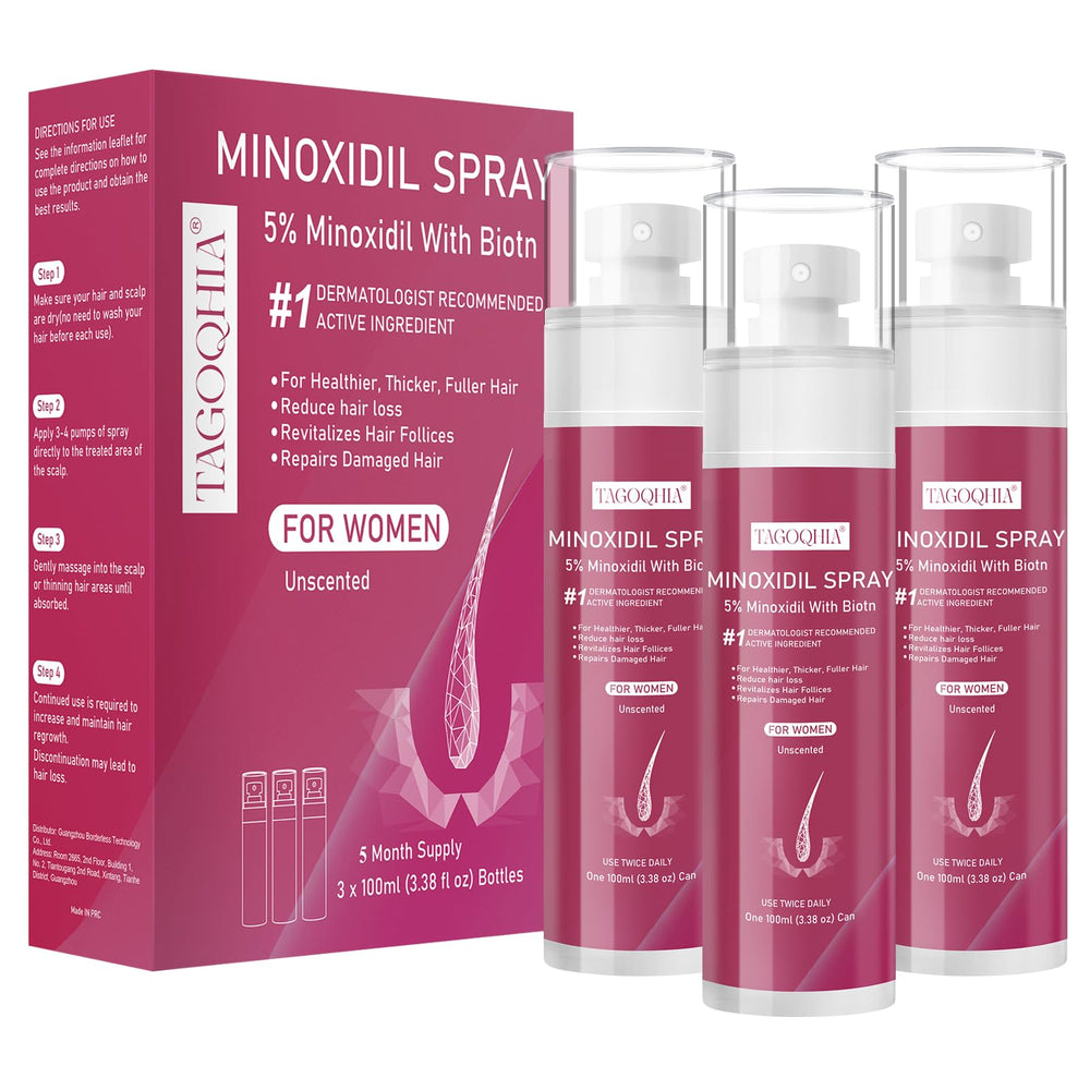 TAGOQHIA 5% Minoxidil women bottle closeup for thinning hair support.