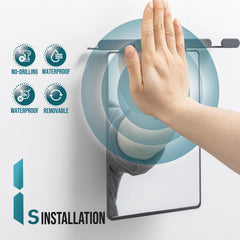 TAILI shower mirror storage-rack stores shaving gel and essentials to save space.