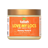Taliah Waajid Love My Locs gel bottle shows honey-hibiscus formula for lasting hydration and smooth holds