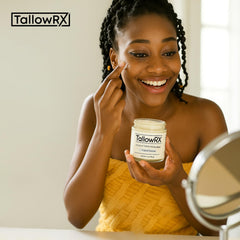 TALLOWRX beef tallow moisturizer bottle close-up highlights lightweight, non-greasy absorption.