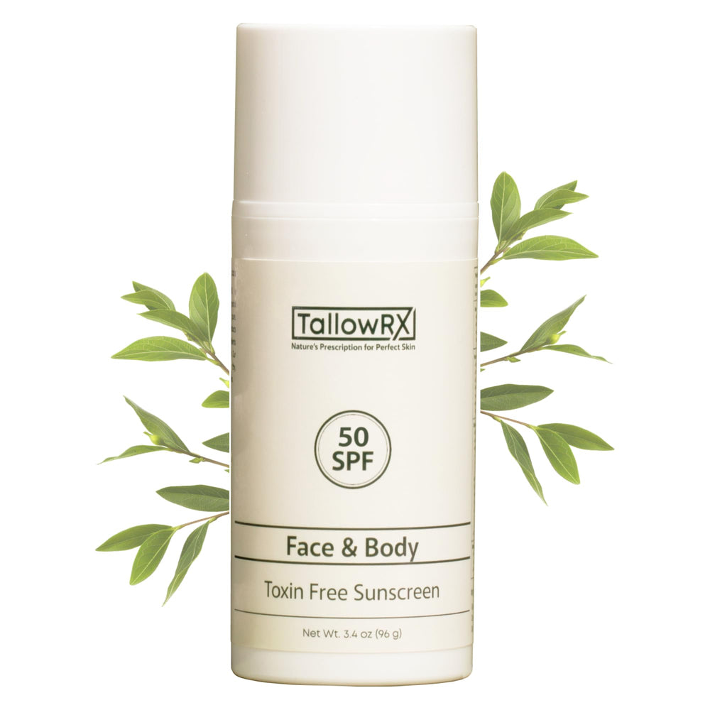 TallowRX SPF 50 zinc-oxide tube provides mineral sun protection for daily use.