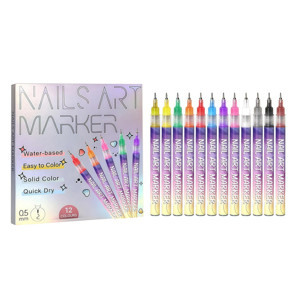 Talzpro 12-colors nail art pens set swatches show vibrant pigments for bold designs.