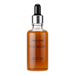 Tan-Luxe Body Illuminating Self-Tan Drops bottle showing customizable glow and hydrating formula.