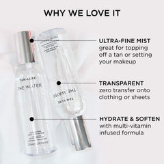Tan-Luxe The Water mist application demonstrates easy, streak-free tanning with quick-dry performance.
