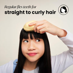 Tangle Teezer Original Detangler buttercup-yellow wet-dry-use demonstrates versatile styling for wet or dry hair.
