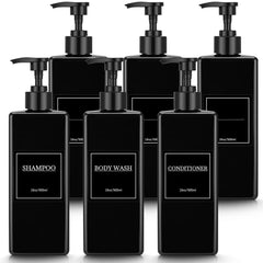 Tanlade 6-pcs shampoo dispenser bottles with black pumps for clutter-free shower storage.