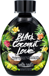 Tanning Paradise Black Coconut Love Lotion bottle highlights ultra-hydrating dark tanning benefits.