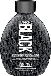 Tanning Paradise Diamond Black lotion bottle close-up showing transfer resistance benefits