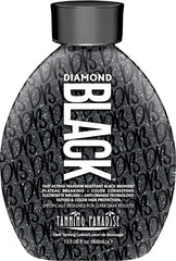 Tanning Paradise Diamond Black lotion bottle close-up showing transfer resistance benefits