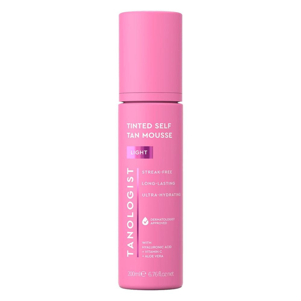 Tanologist Light Self Tan Mousse bottle with natural glow promise.