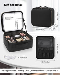 TANTO makeup bag LED mirror open compartments showing adjustable dividers for organization