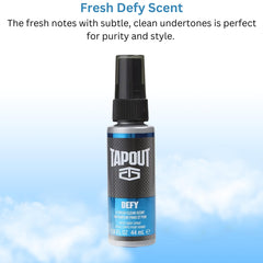 Tapout Defy bottle evokes fresh aquatic tones for adventure-ready scent during outdoor runs.