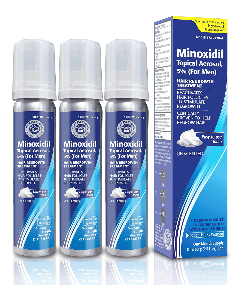 TARO Minoxidil 5% Foam bottle pour demonstrates easy scalp application.