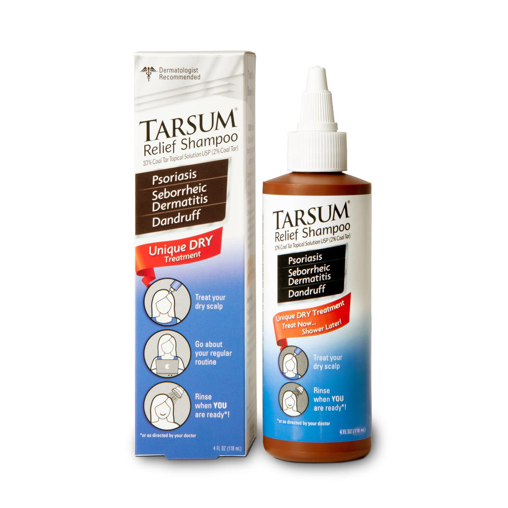 Tarsum Extra Strength Psoriasis Shampoo bottle pours onto the scalp for care.