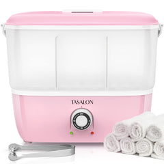 TASALON hot towel steamer front view showing fast heat delivery for spa-quality towels.