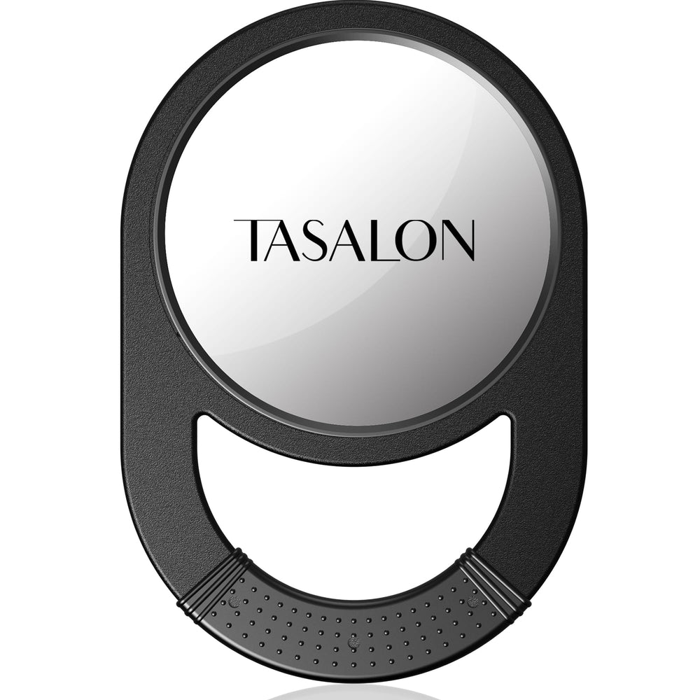 TASALON unbreakable hand mirror close-up shows sturdy tempered glass for reliable daily grooming.