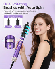 Tasneem rotating hair dryer brush in-use for smooth volume