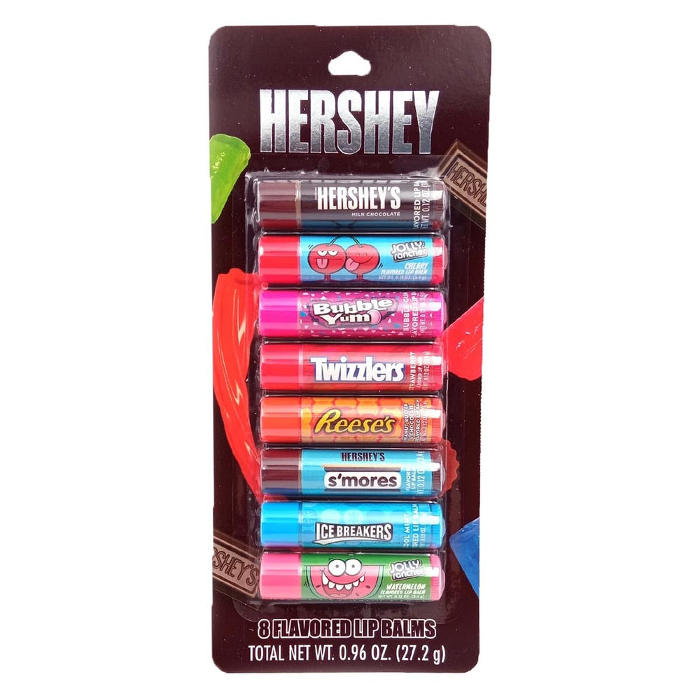 Taste Beauty Hershey 8-pack lip balms in colorful tubes for portable lip moisture and flavor variety.