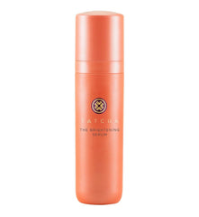 TATCHA Brightening Serum bottle closeup highlighting time-release vitamin C benefits.