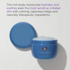 TATCHA Indigo Body Butter cream swirl shows velvety texture for lasting moisture.