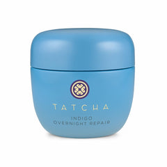 TATCHA Indigo Overnight Repair jar shows a cushiony night cream for calm, radiant skin.
