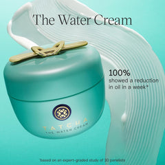 TATCHA Jumbo Water Cream with gold accents hints at radiant, subtle glow.