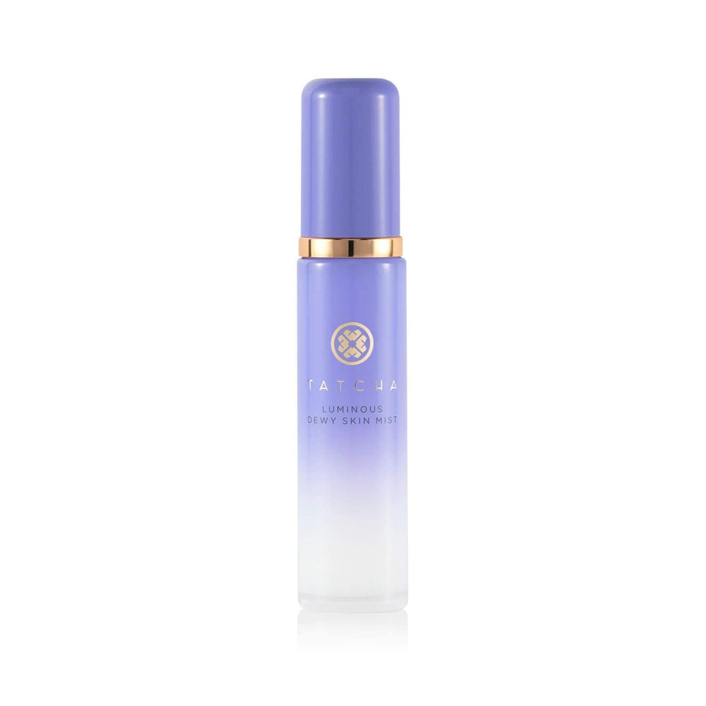 Tatcha Luminous Dewy Skin Mist bottle closeup shows radiant hydration for makeup-ready skin.