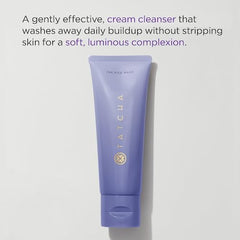 TATCHA Rice Wash cream texture close-up highlights creamy, non-stripping formula.