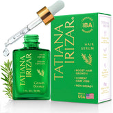 Tatiana Irizar hair serum bottle close-up for scalp nourishment