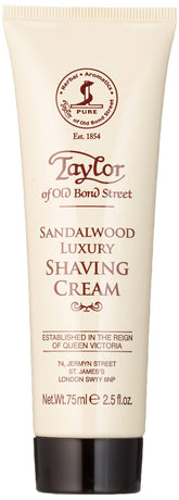 Taylor of Old Bond Street Sandalwood shaving cream tube ready for a rich, smooth shave.