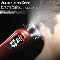 TCMKY hair clippers LED display shows power and maintenance reminders.