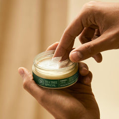 Tea Tree Forming Cream texture close-up suggests fuller-looking hair.