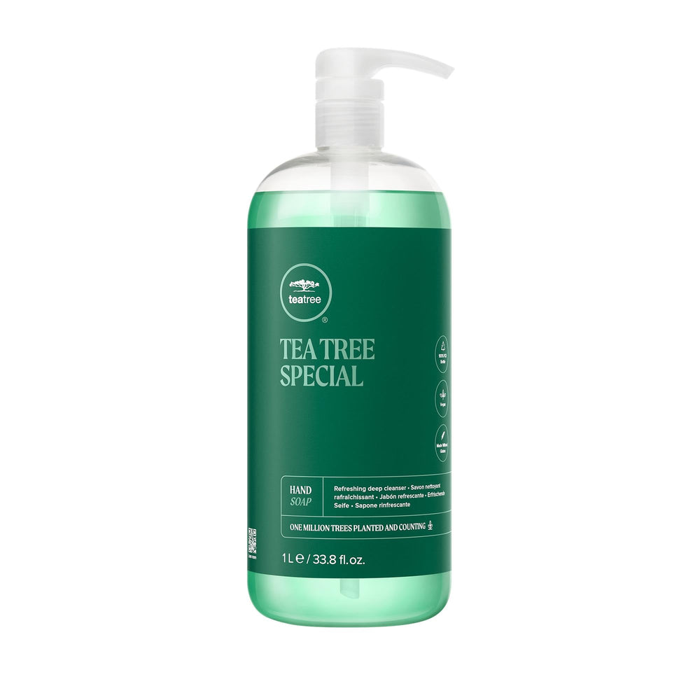Tea Tree Hand Soap bottle pour shows a refreshing daily cleanser for hands.