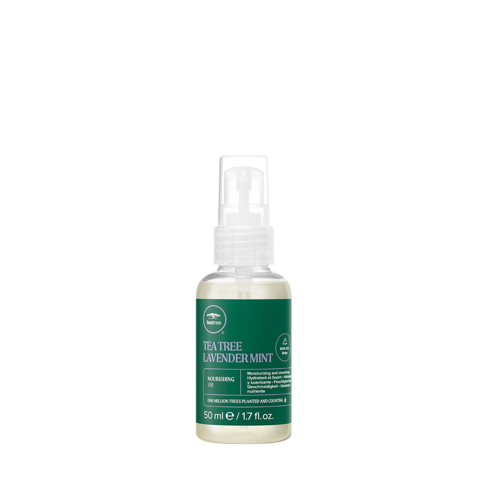 Tea Tree Lavender Mint Nourishing Oil bottle closeup showing soothing aroma and nourishing oils.
