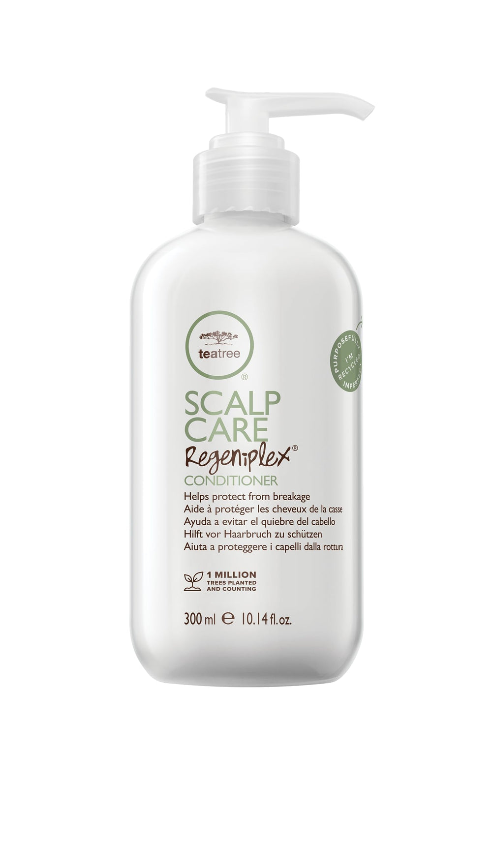 Tea Tree Regeniplex bottle closeup shows detangling-friendly formula for fine hair.
