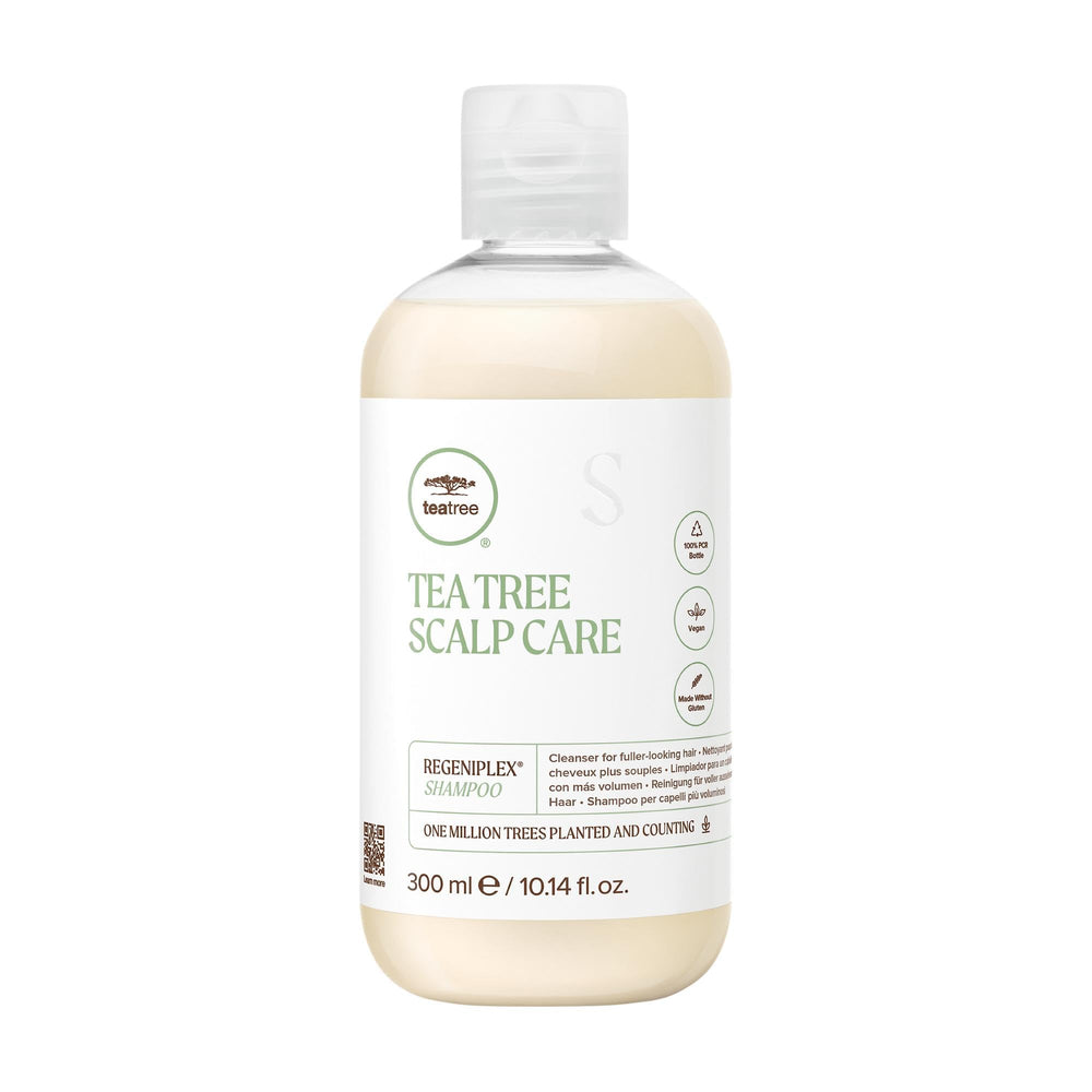 Tea Tree Scalp Care Regeniplex Shampoo bottle demonstrates fuller-looking hair potential.