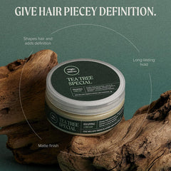 Tea Tree Shaping Cream hands illustrate mesh fibers defining texture and separation