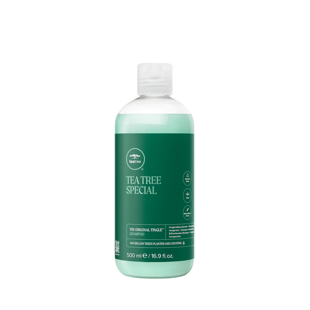 Tea Tree Special Shampoo bottle demonstrates invigorating scalp care.