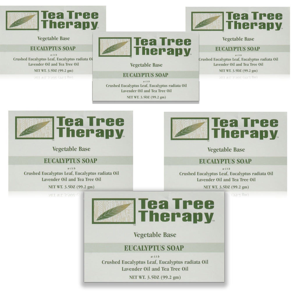 Tea Tree Therapy bar soap with eucalyptus packaging showcases vegan formula for gentle cleansing.