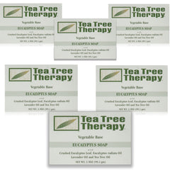 Tea Tree Therapy bar soap with eucalyptus packaging showcases vegan formula for gentle cleansing.