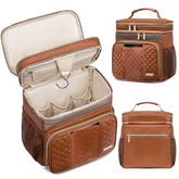 Tealari large leather toiletry bag front view with spacious compartments for cosmetics on the go