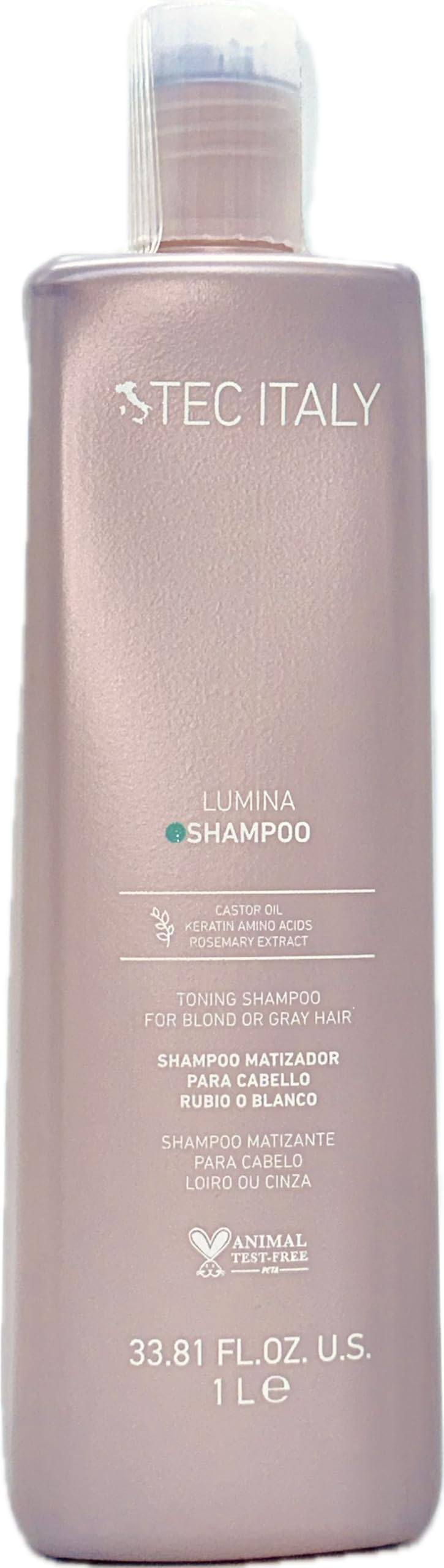 Tec Italy Lumina Shampoo bottle pouring with violet toning for refreshed blond and gray color