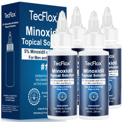 TECFLOX 5% Minoxidil Biotin bottle front showing scalp treatment use.
