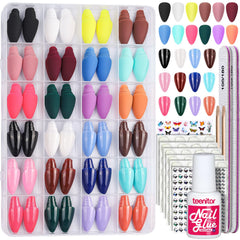 Teenitor almond press on nails pack contents with glue tabs for easy manicure