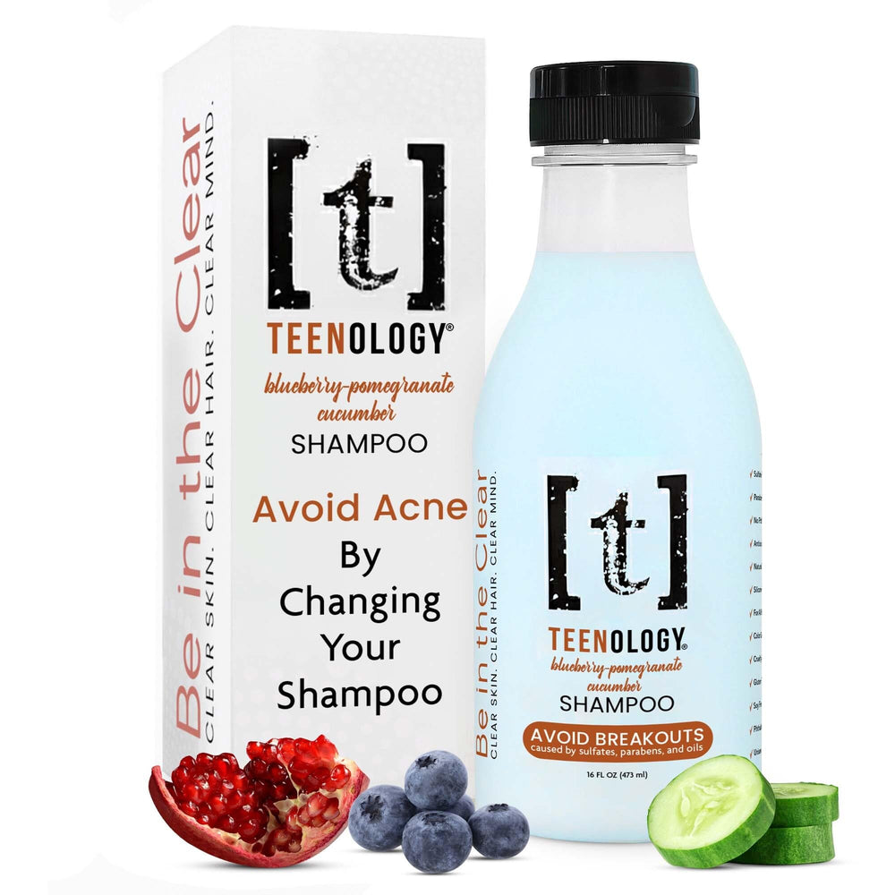 Teenology Teen Shampoo bottle featuring blueberry-pomegranate-cucumber for clear skin and healthy hair