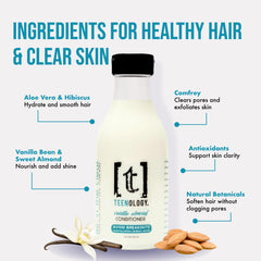 Creamy lather forms on hair with vanilla almond scent for nourishing feel.