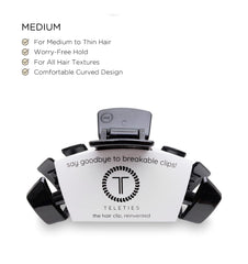 Teleties Jet Black curved-design clip demonstrates comfortable wear for all-day styling.