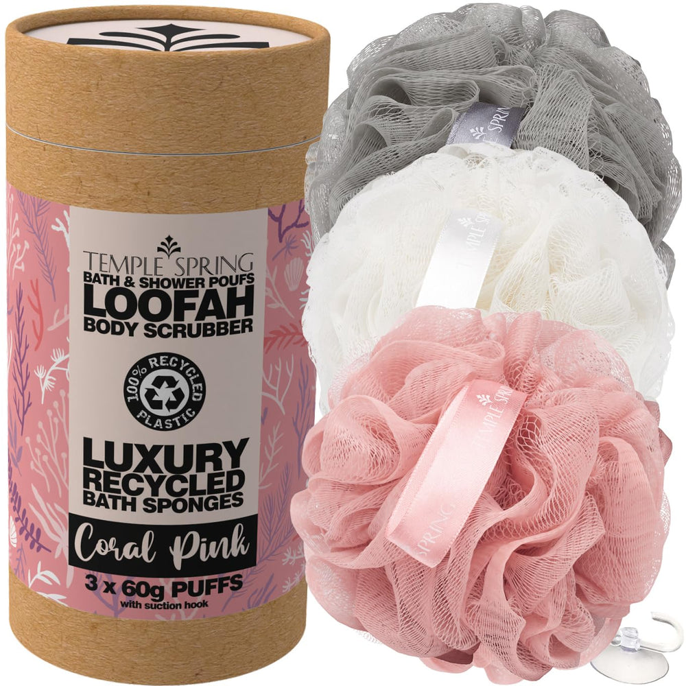 Temple Spring recycled luffa sponges packaging highlights eco-friendly bathroom accessories.